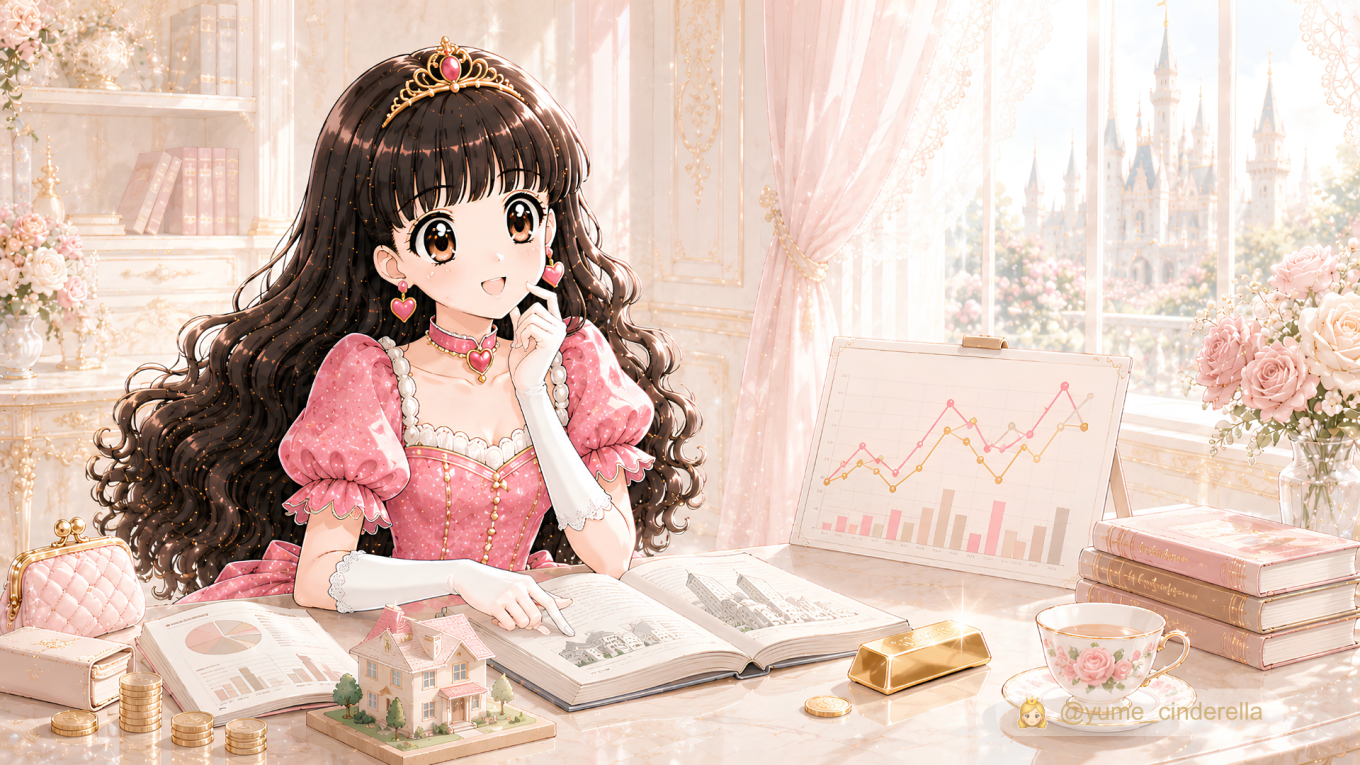 ゴールドや経済について、本やグラフを見ながら学ぶ夢見るシンデレラ