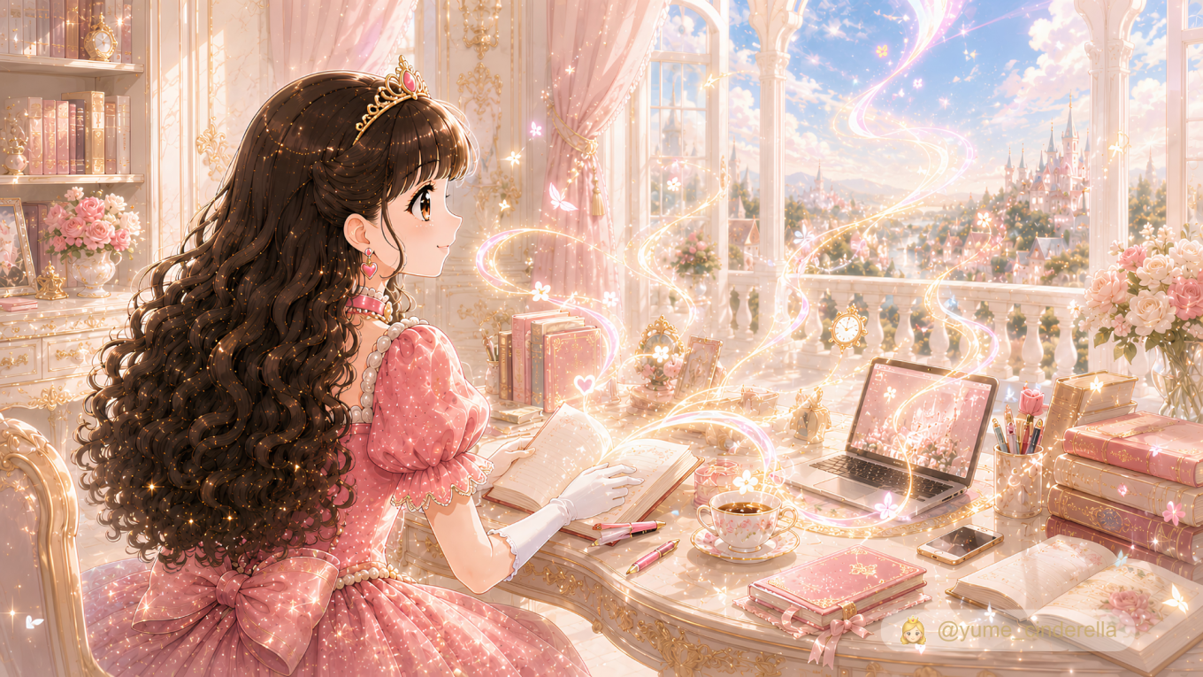 夢見るシンデレラが本やノートなどの小さなきっかけから生まれる魔法の光を見つめる様子