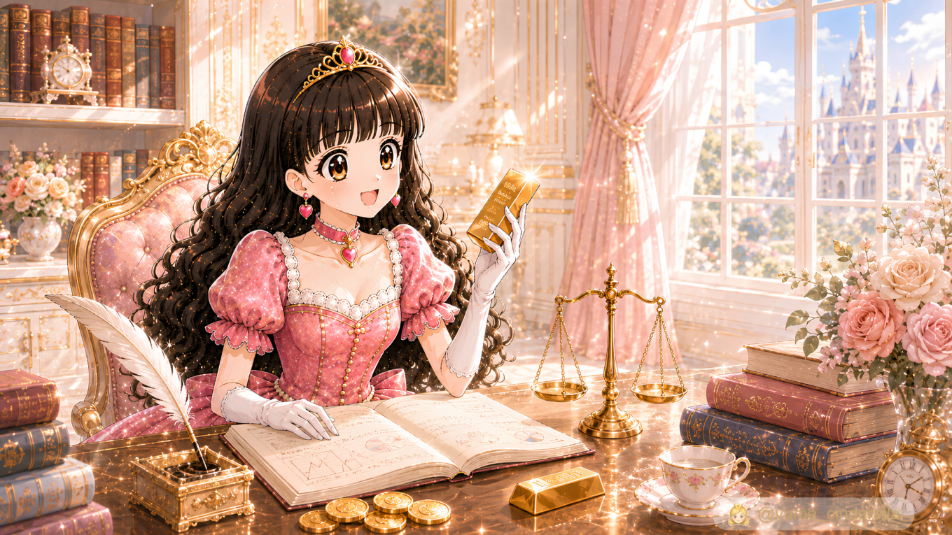 ゴールドを手に金価格について学ぶ夢見るシンデレラ