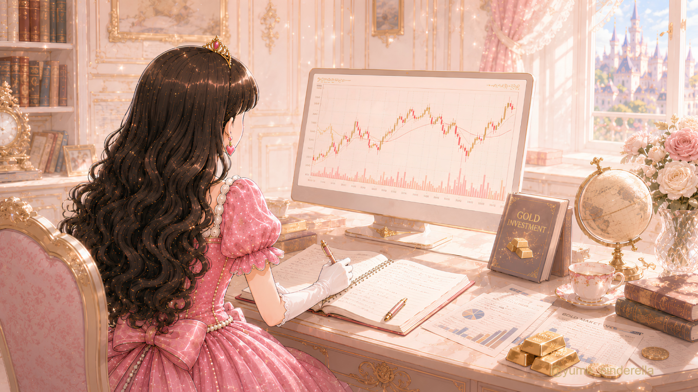 金価格チャートを見ながら次の学びに向けて勉強する夢見るシンデレラの後ろ姿