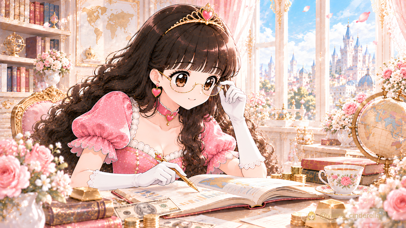 メガネをかけた夢見るシンデレラが、ドル紙幣と金を前に世界地図を見ながらドルとゴールドの関係を学んでいる様子