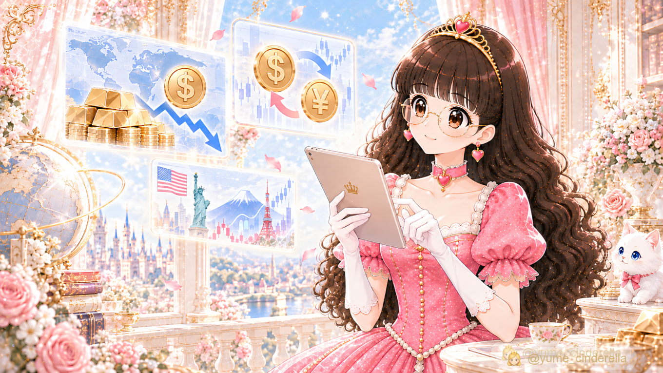 ピンクのドレスを着た夢見るシンデレラが、タブレットを手に世界のドル建て金価格やドル円為替のグラフを確認し、日本の円建て金価格との関係を学んでいるイラスト
