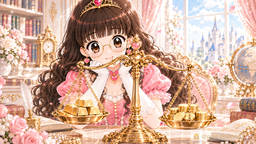 金の需要と供給、金価格との関係を天秤を見ながら学ぶ夢見るシンデレラのイラスト