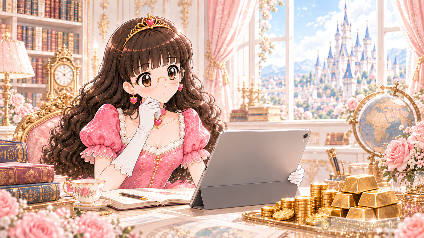 タブレットで世界情勢や金価格について調べる夢見るシンデレラのイラスト