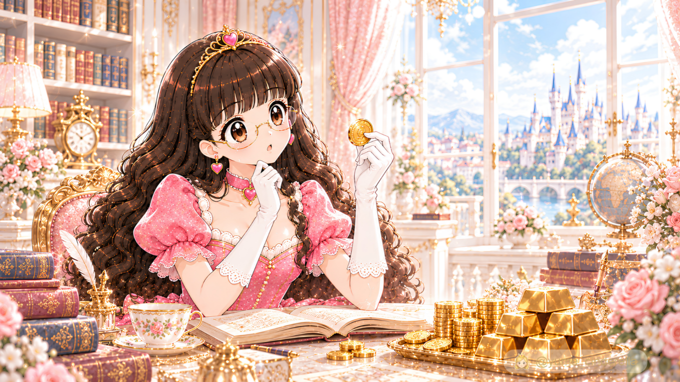 金貨を手に取り、金について学ぶ夢見るシンデレラのイラスト